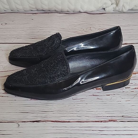 BRUNELLA Black Patent Loafers with Beaded Top of Foot Size 40 or 9.5 - Picture 2 of 14